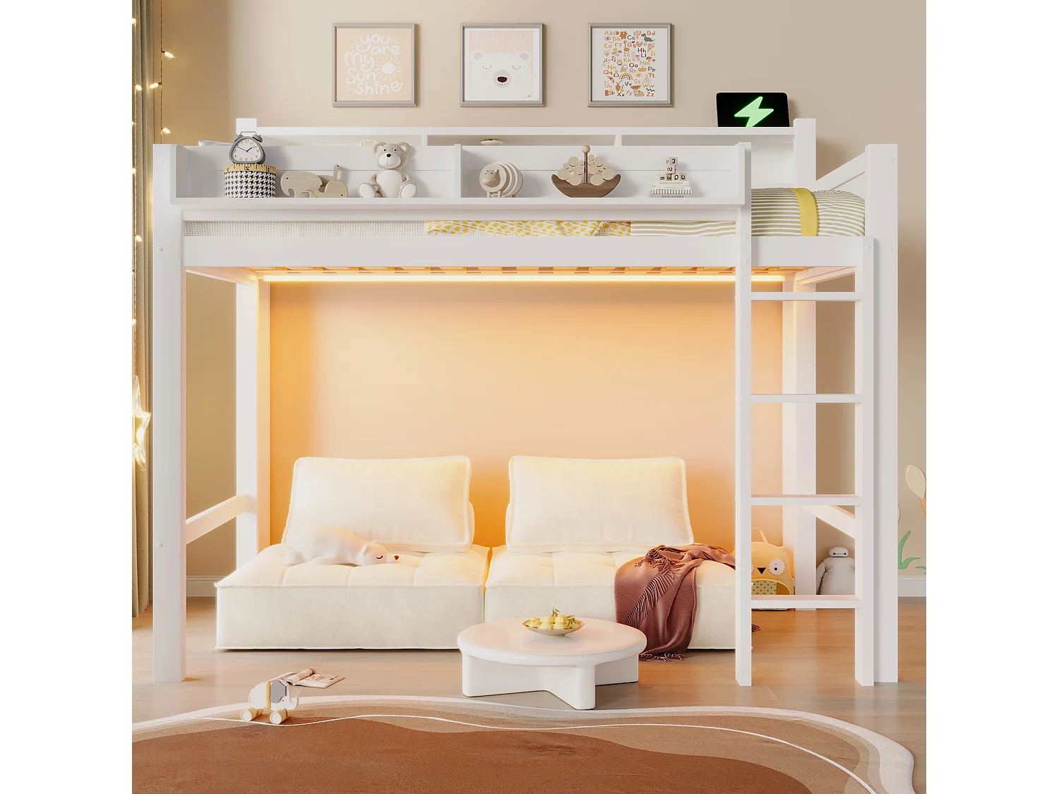 Hochbett aus Holz 90x200 cm - mit Stauraumfächern - LED-Beleuchtung und USB-Anschluss - MDF - Weiß (Matratze nicht enthalten)