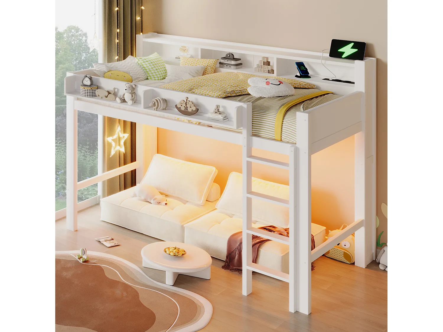 Hochbett aus Holz 90x200 cm - mit Stauraumfächern - LED-Beleuchtung und USB-Anschluss - MDF - Weiß (Matratze nicht enthalten)