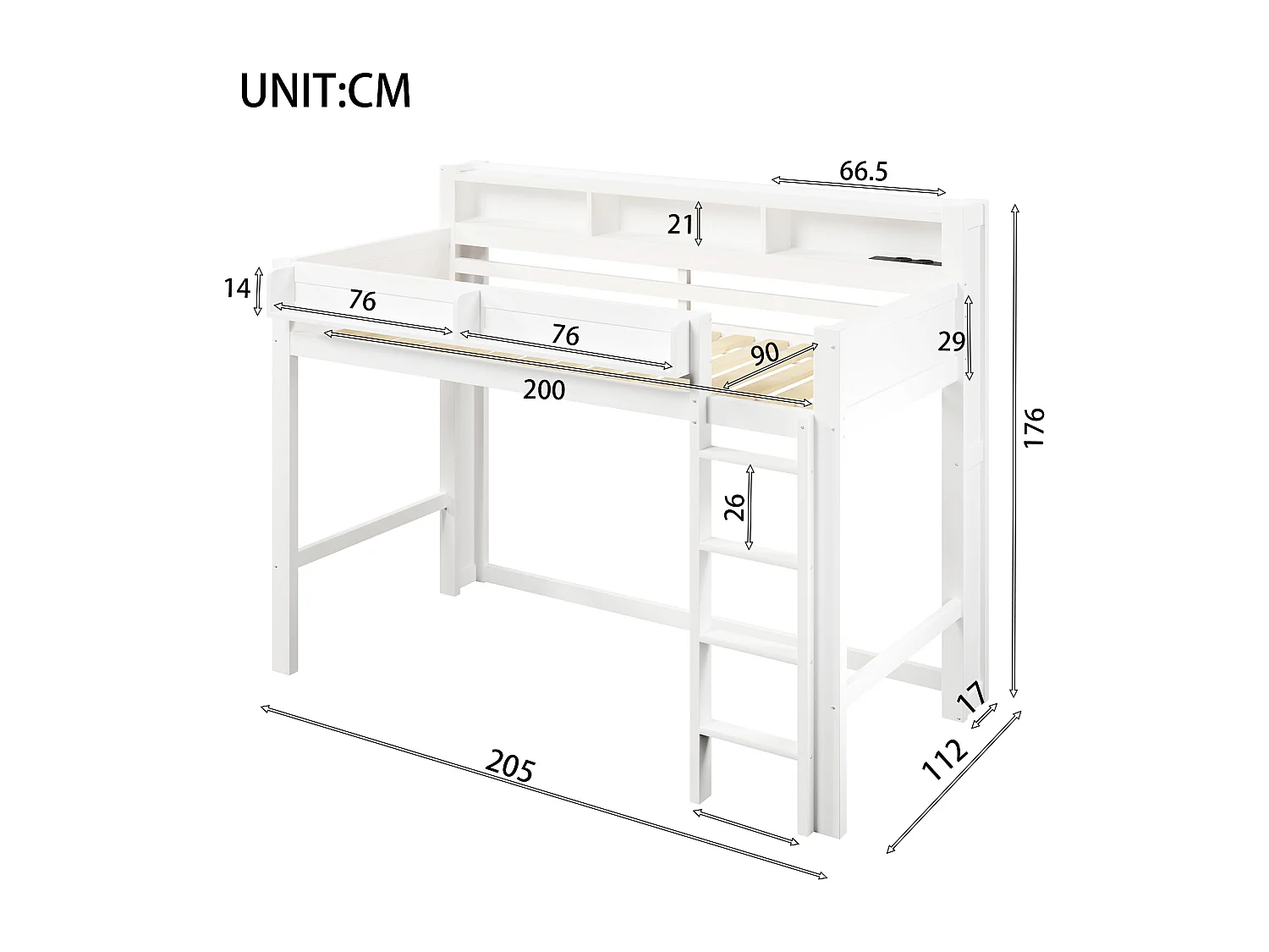 Hochbett aus Holz 90x200 cm - mit Stauraumfächern - LED-Beleuchtung und USB-Anschluss - MDF - Weiß (Matratze nicht enthalten)