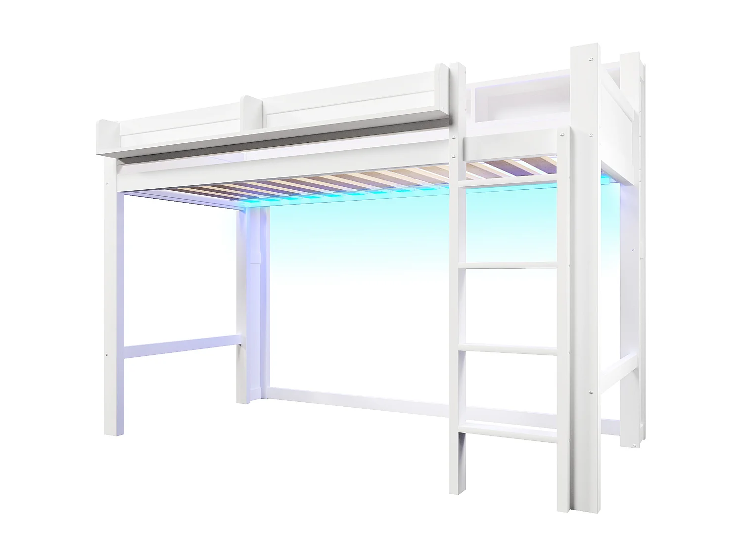 Hochbett aus Holz 90x200 cm - mit Stauraumfächern - LED-Beleuchtung und USB-Anschluss - MDF - Weiß (Matratze nicht enthalten)