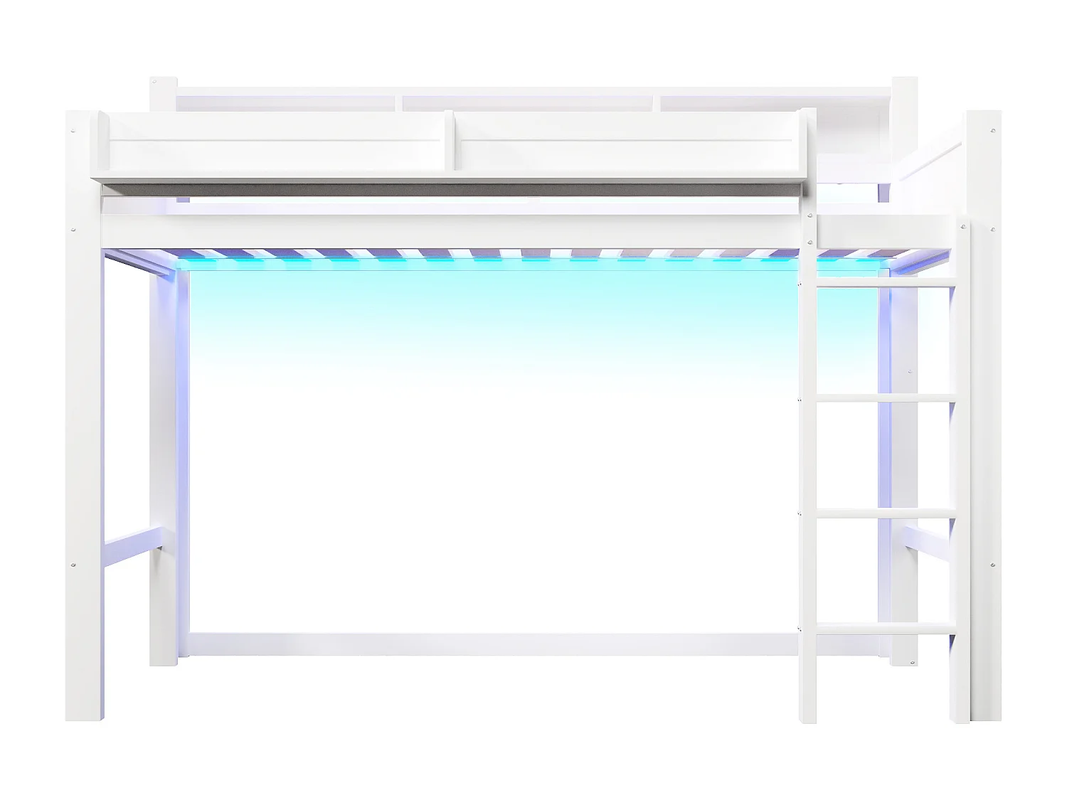 Hochbett aus Holz 90x200 cm - mit Stauraumfächern - LED-Beleuchtung und USB-Anschluss - MDF - Weiß (Matratze nicht enthalten)