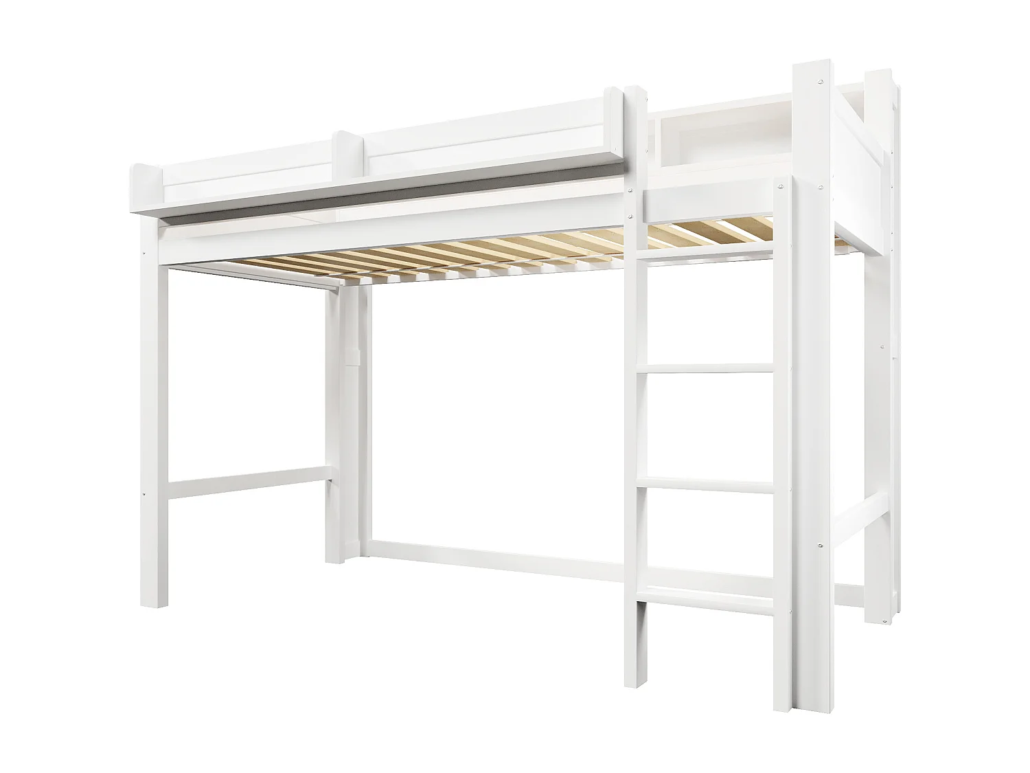 Hochbett aus Holz 90x200 cm - mit Stauraumfächern - LED-Beleuchtung und USB-Anschluss - MDF - Weiß (Matratze nicht enthalten)