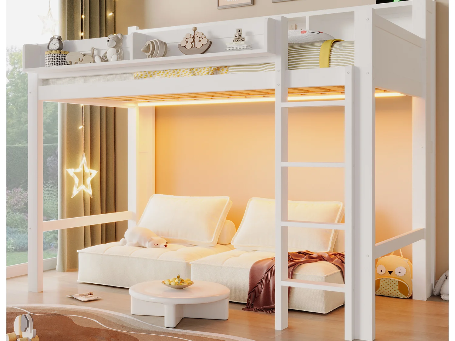 Hochbett aus Holz 90x200 cm - mit Stauraumfächern - LED-Beleuchtung und USB-Anschluss - MDF - Weiß (Matratze nicht enthalten)