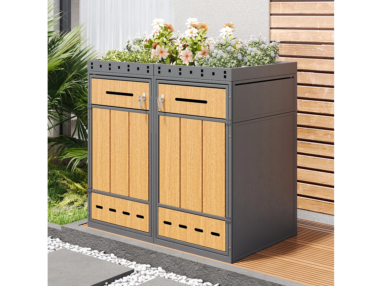 Abri pour 2 poubelles de jardin 132x80x124cm - avec jardinière intégrée - trous d'aération et serrure - gris
