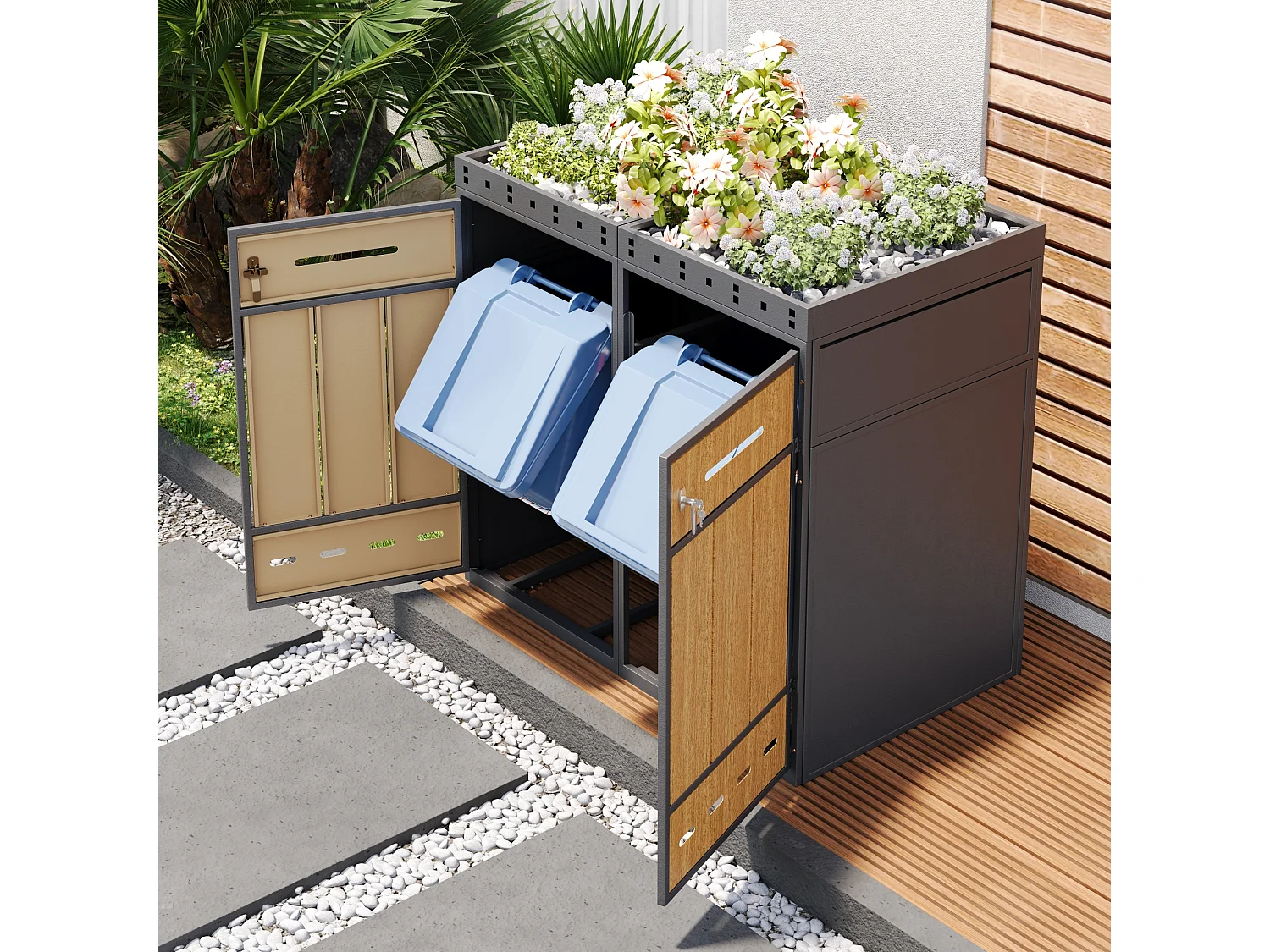Abri pour 2 poubelles de jardin 132x80x124cm - avec jardinière intégrée - trous d'aération et serrure - gris