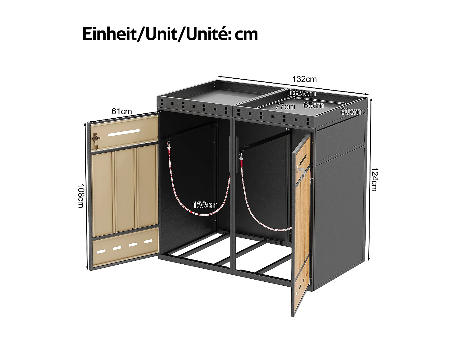 Abri pour 2 poubelles de jardin 132x80x124cm - avec jardinière intégrée - trous d'aération et serrure - gris