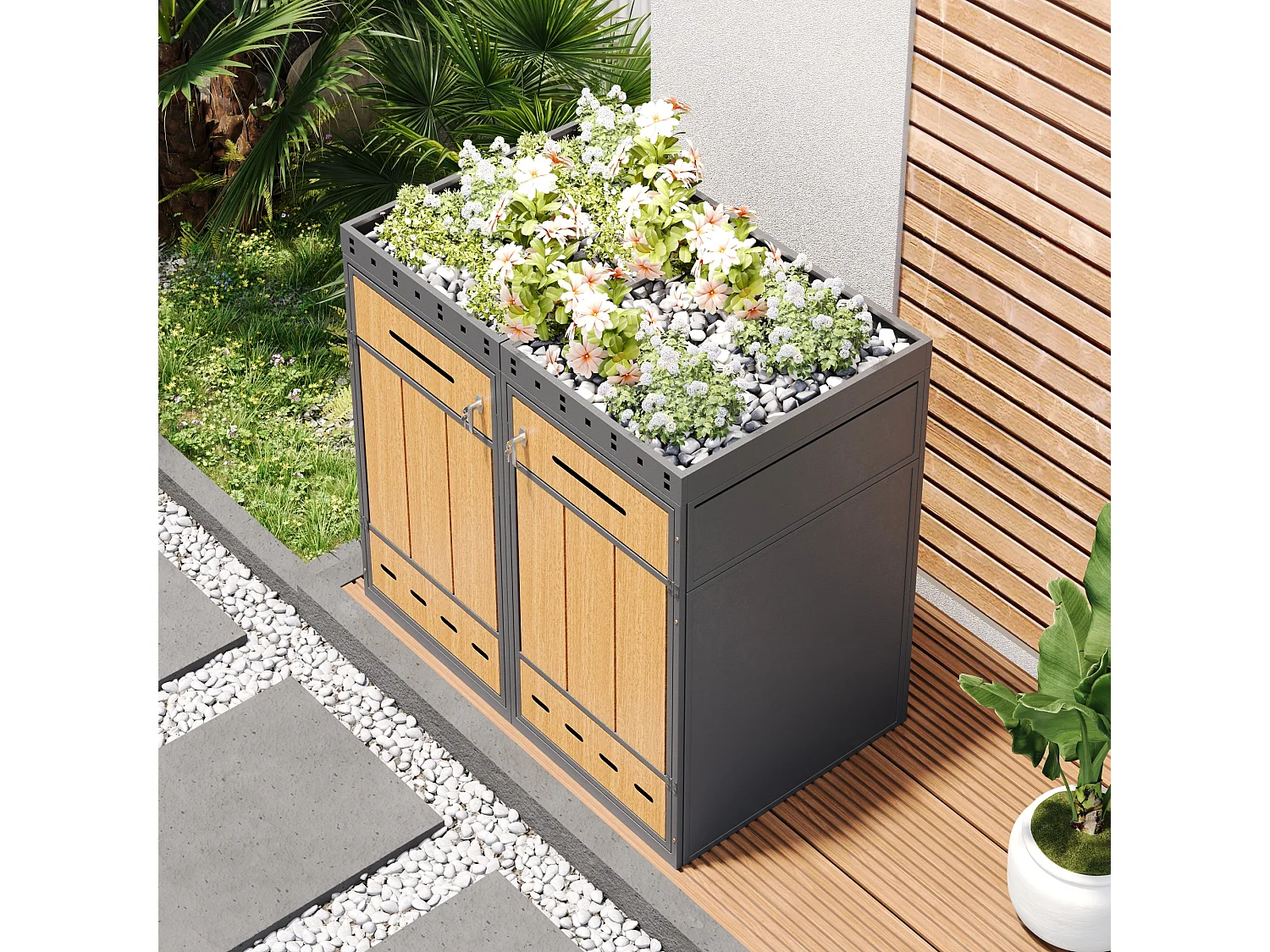 Abri pour 2 poubelles de jardin 132x80x124cm - avec jardinière intégrée - trous d'aération et serrure - gris