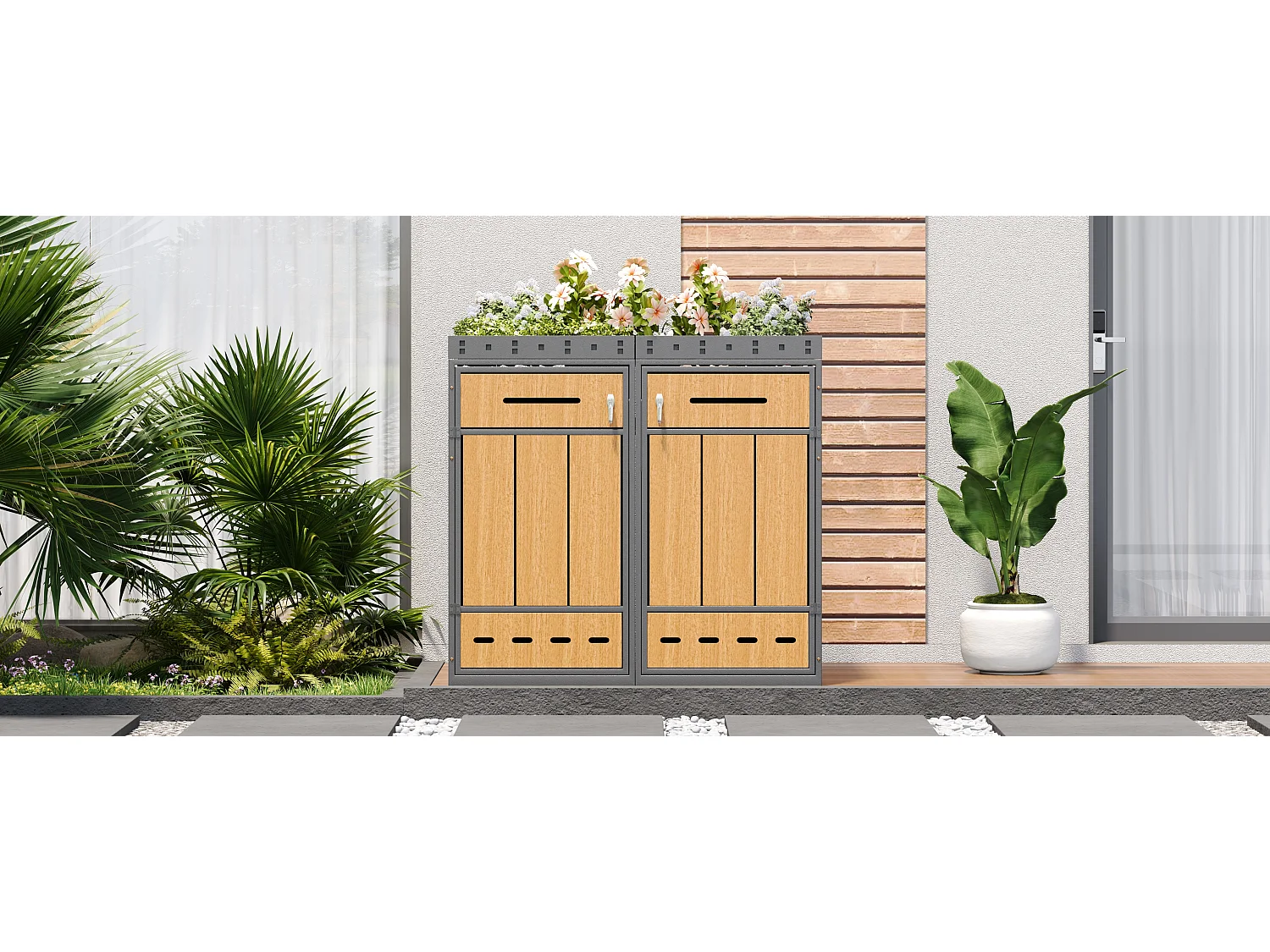 Abri pour 2 poubelles de jardin 132x80x124cm - avec jardinière intégrée - trous d'aération et serrure - gris