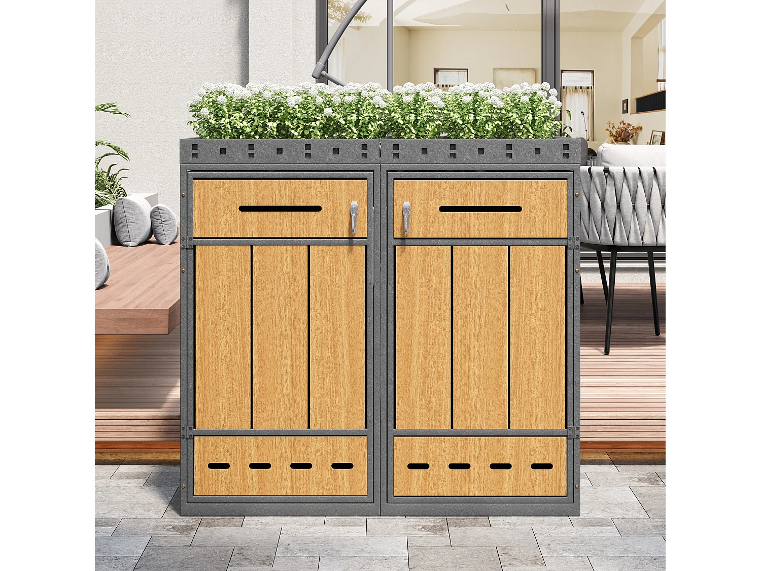 Abri pour 2 poubelles de jardin 132x80x124cm - avec jardinière intégrée - trous d'aération et serrure - gris