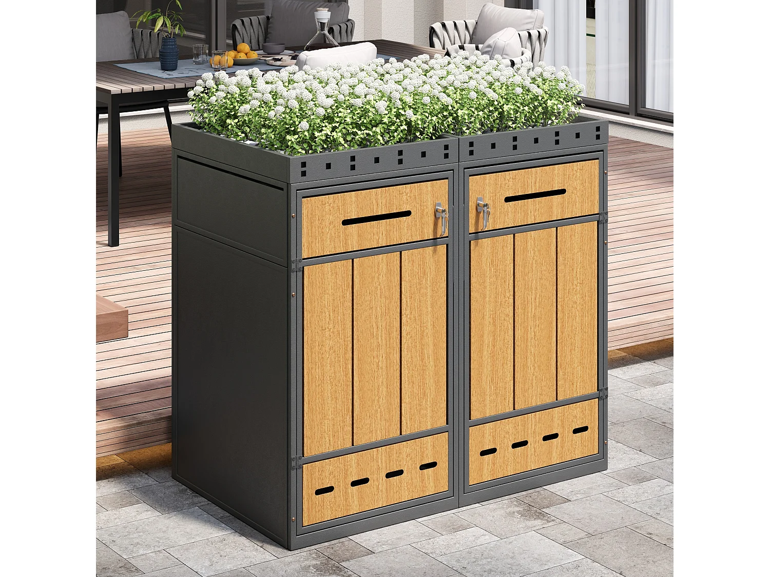 Abri pour 2 poubelles de jardin 132x80x124cm - avec jardinière intégrée - trous d'aération et serrure - gris