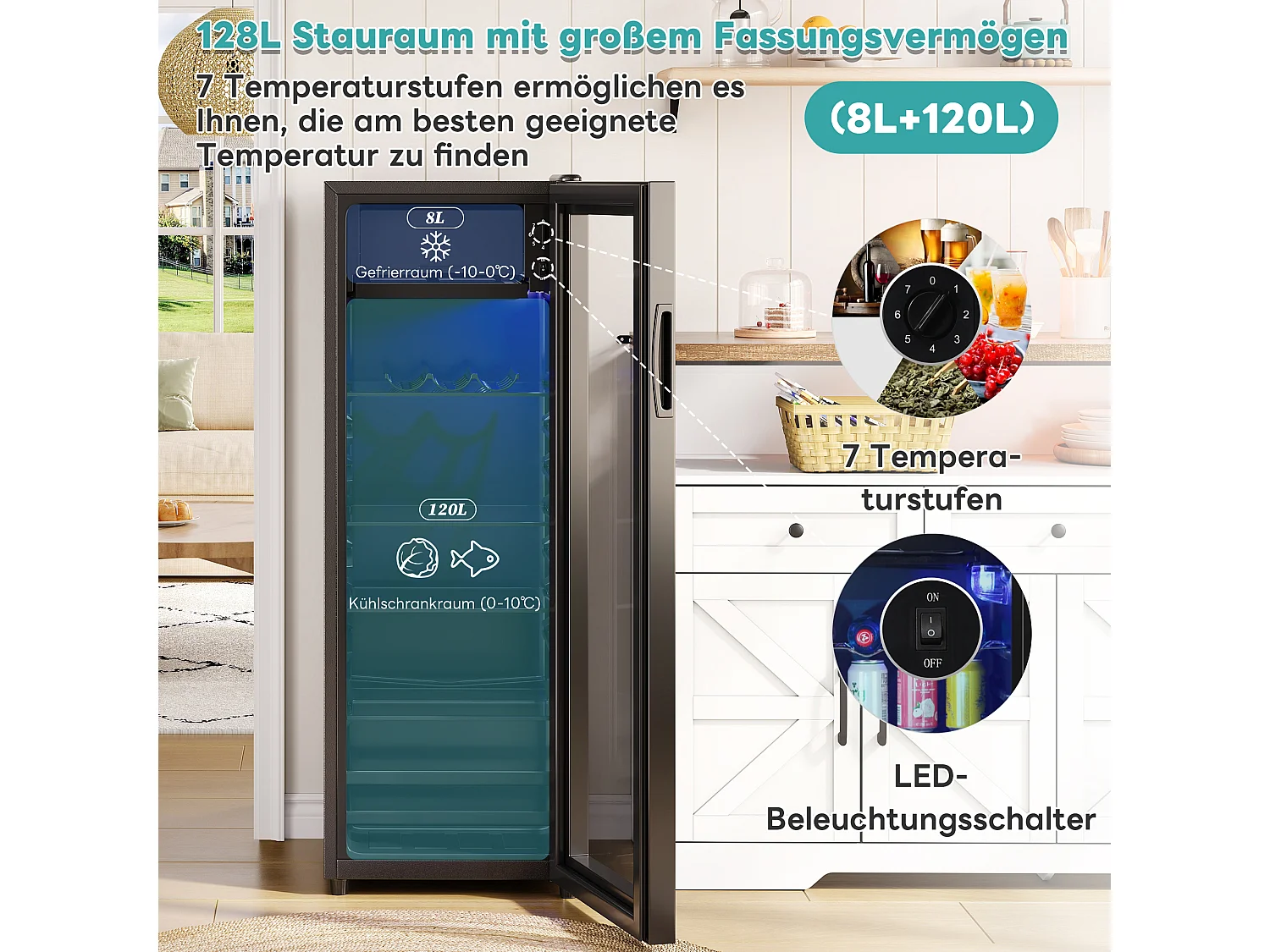 Mini-Kühlschrank - 8 L Gefrierfach + 120 L Kühlfach - energiesparend - LED-Anzeige - Schwarz