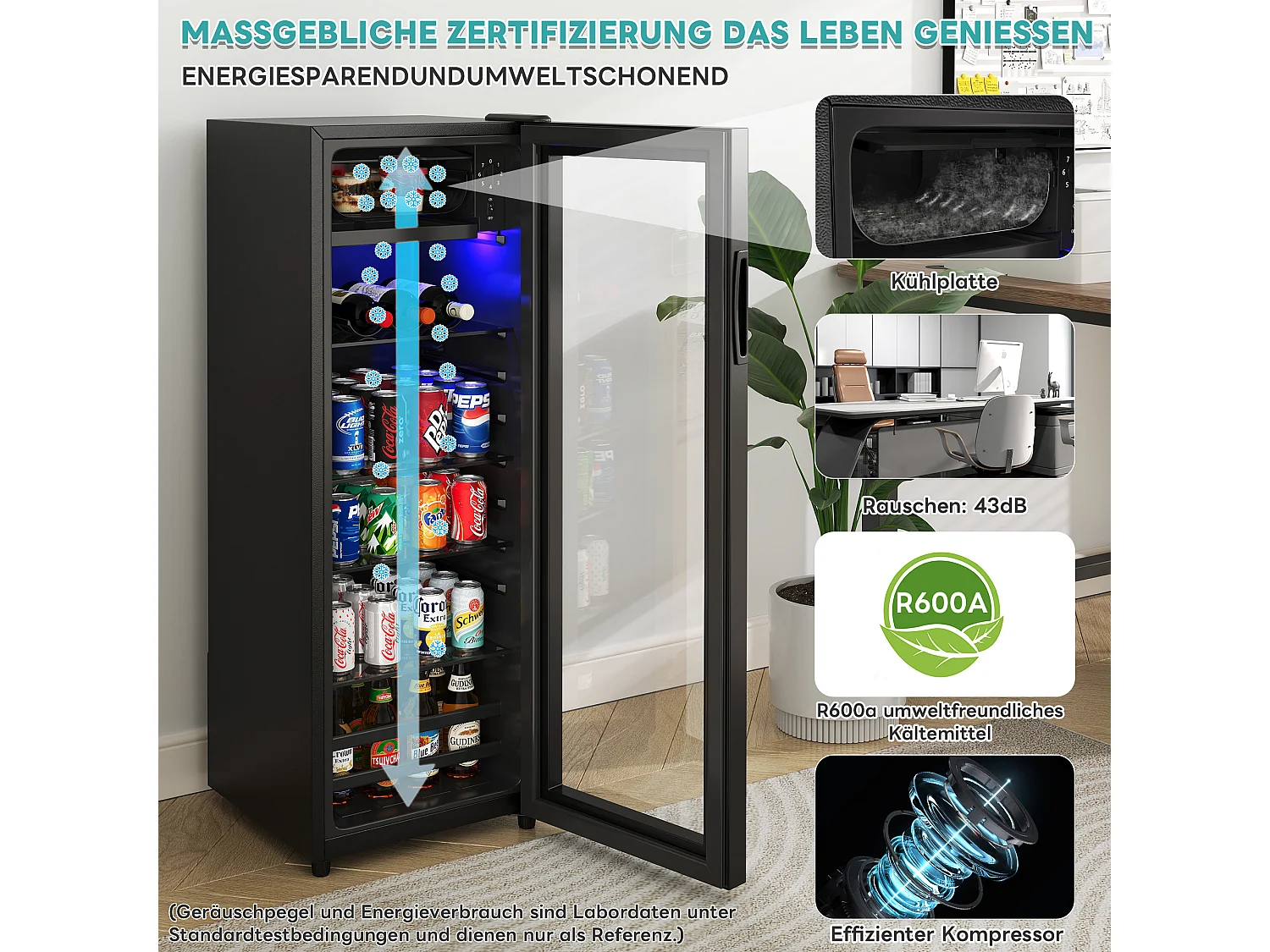 Mini-Kühlschrank - 8 L Gefrierfach + 120 L Kühlfach - energiesparend - LED-Anzeige - Schwarz