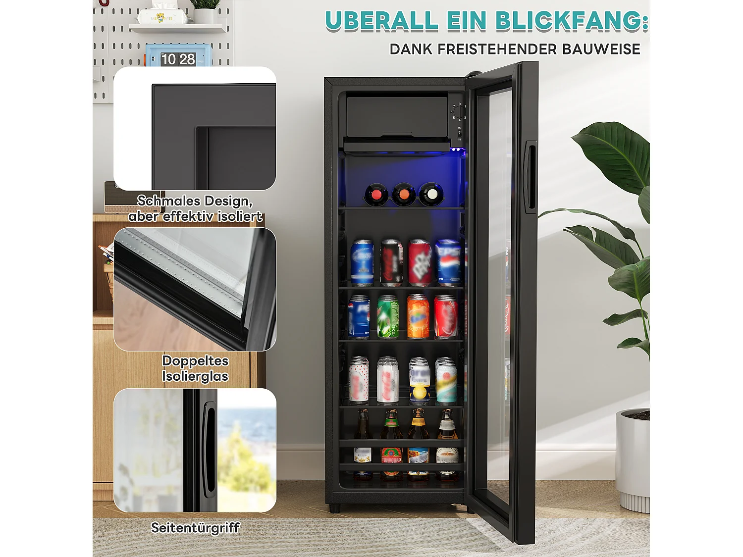 Mini-Kühlschrank - 8 L Gefrierfach + 120 L Kühlfach - energiesparend - LED-Anzeige - Schwarz