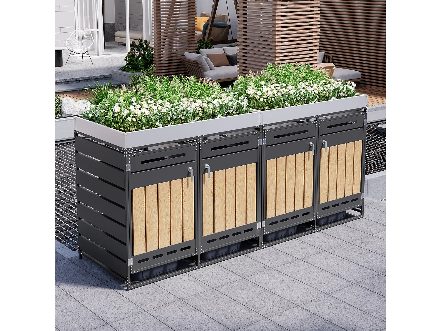 Berging voor 4 afvalcontainers 262x79x120 cm - met geïntegreerde plantenbak - met ventilatieopeningen en slot - zwart