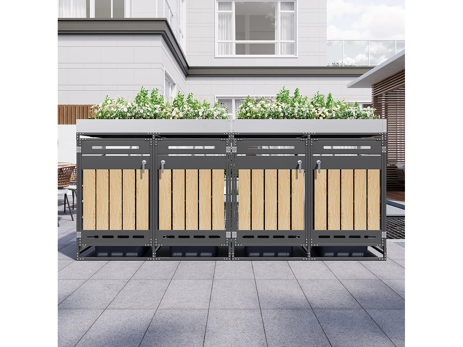 Berging voor 4 afvalcontainers 262x79x120 cm - met geïntegreerde plantenbak - met ventilatieopeningen en slot - zwart
