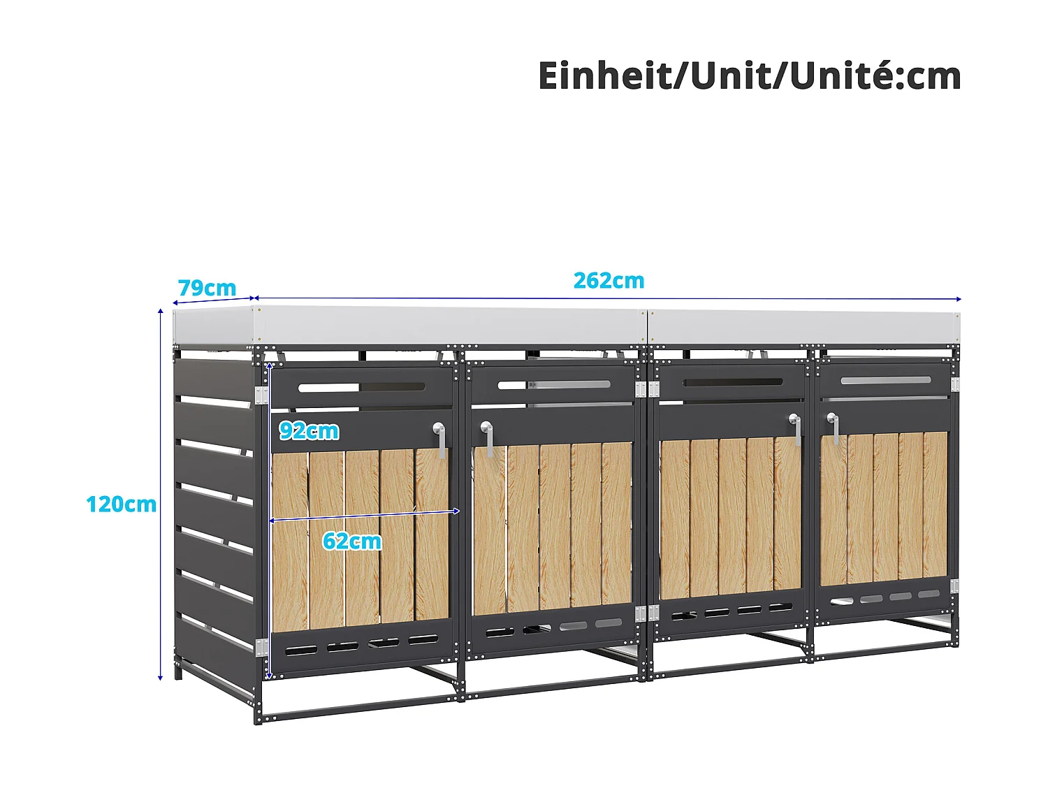 Berging voor 4 afvalcontainers 262x79x120 cm - met geïntegreerde plantenbak - met ventilatieopeningen en slot - zwart