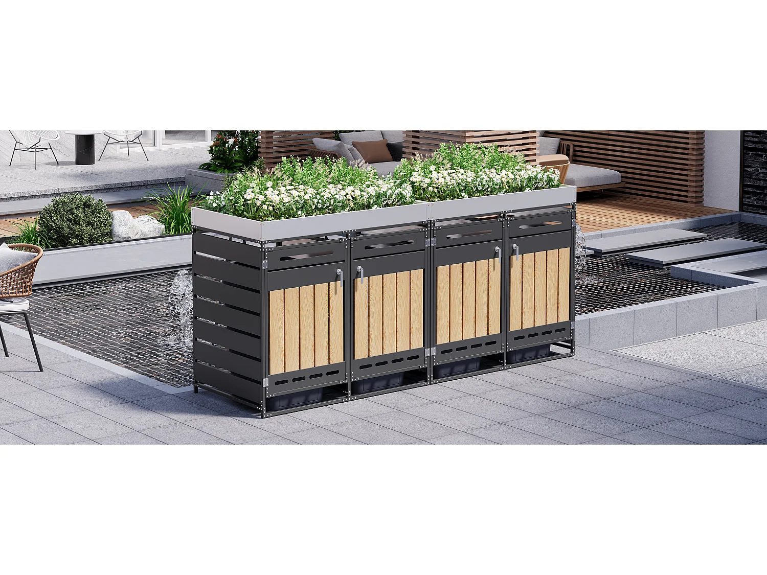 Berging voor 4 afvalcontainers 262x79x120 cm - met geïntegreerde plantenbak - met ventilatieopeningen en slot - zwart