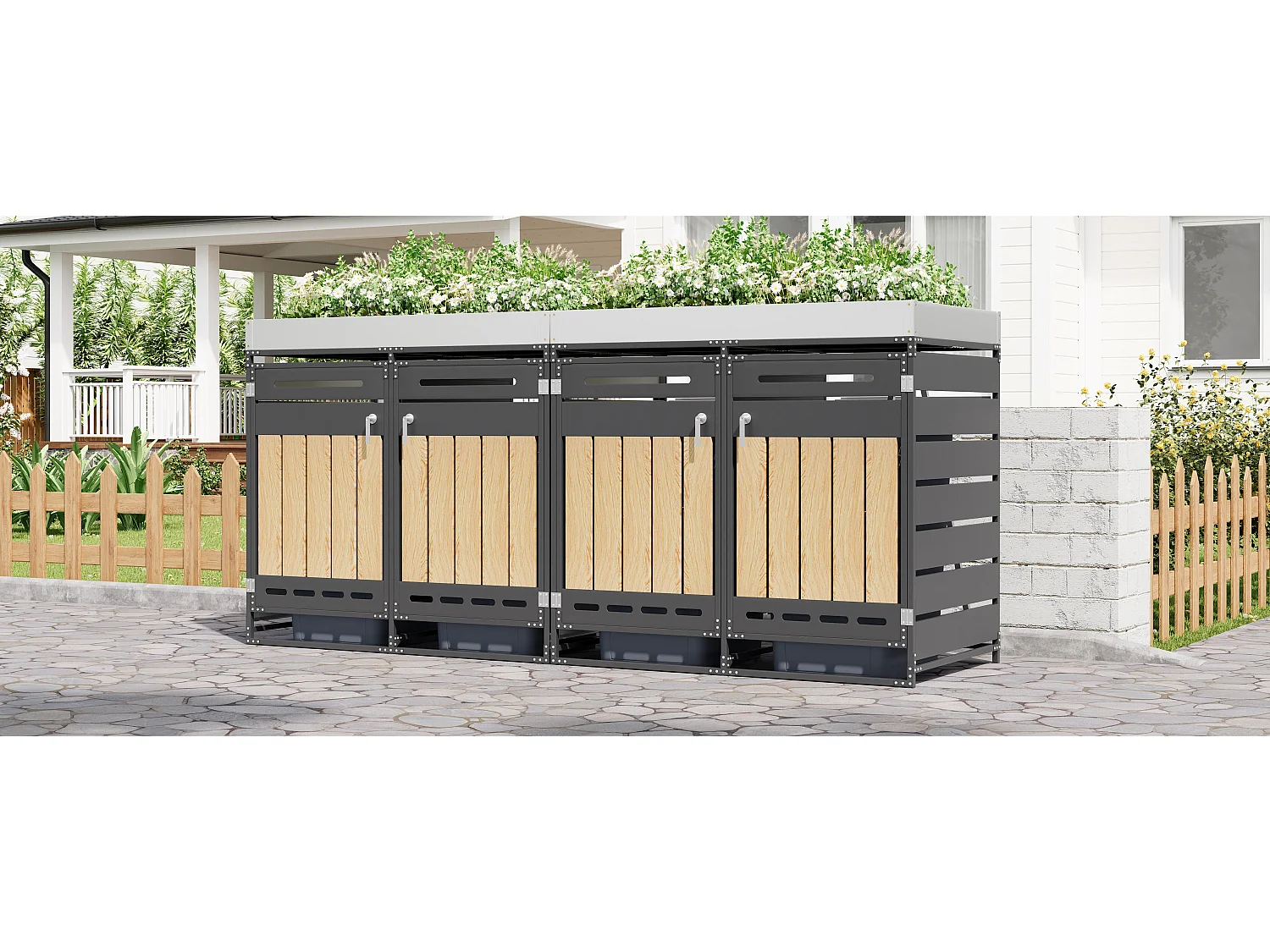 Berging voor 4 afvalcontainers 262x79x120 cm - met geïntegreerde plantenbak - met ventilatieopeningen en slot - zwart