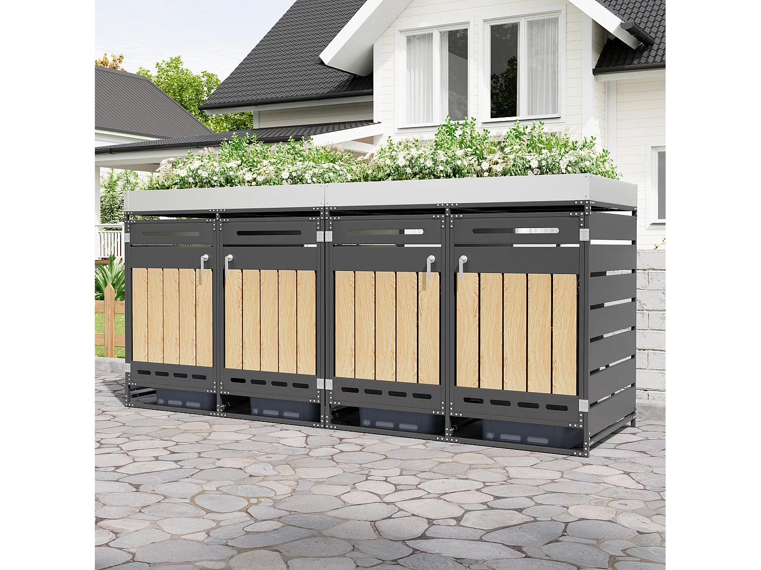 Berging voor 4 afvalcontainers 262x79x120 cm - met geïntegreerde plantenbak - met ventilatieopeningen en slot - zwart