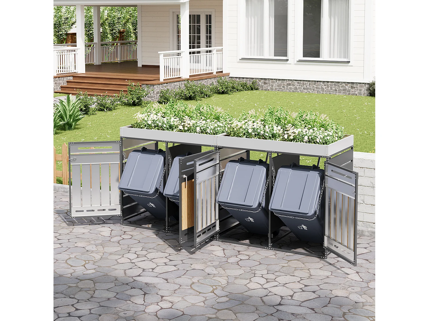 Berging voor 4 afvalcontainers 262x79x120 cm - met geïntegreerde plantenbak - met ventilatieopeningen en slot - zwart