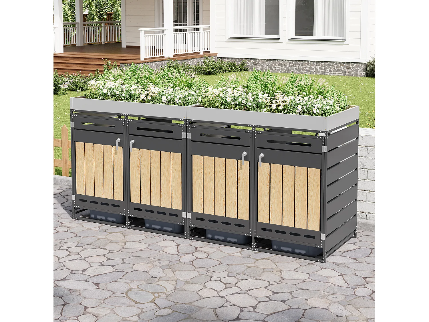 Berging voor 4 afvalcontainers 262x79x120 cm - met geïntegreerde plantenbak - met ventilatieopeningen en slot - zwart