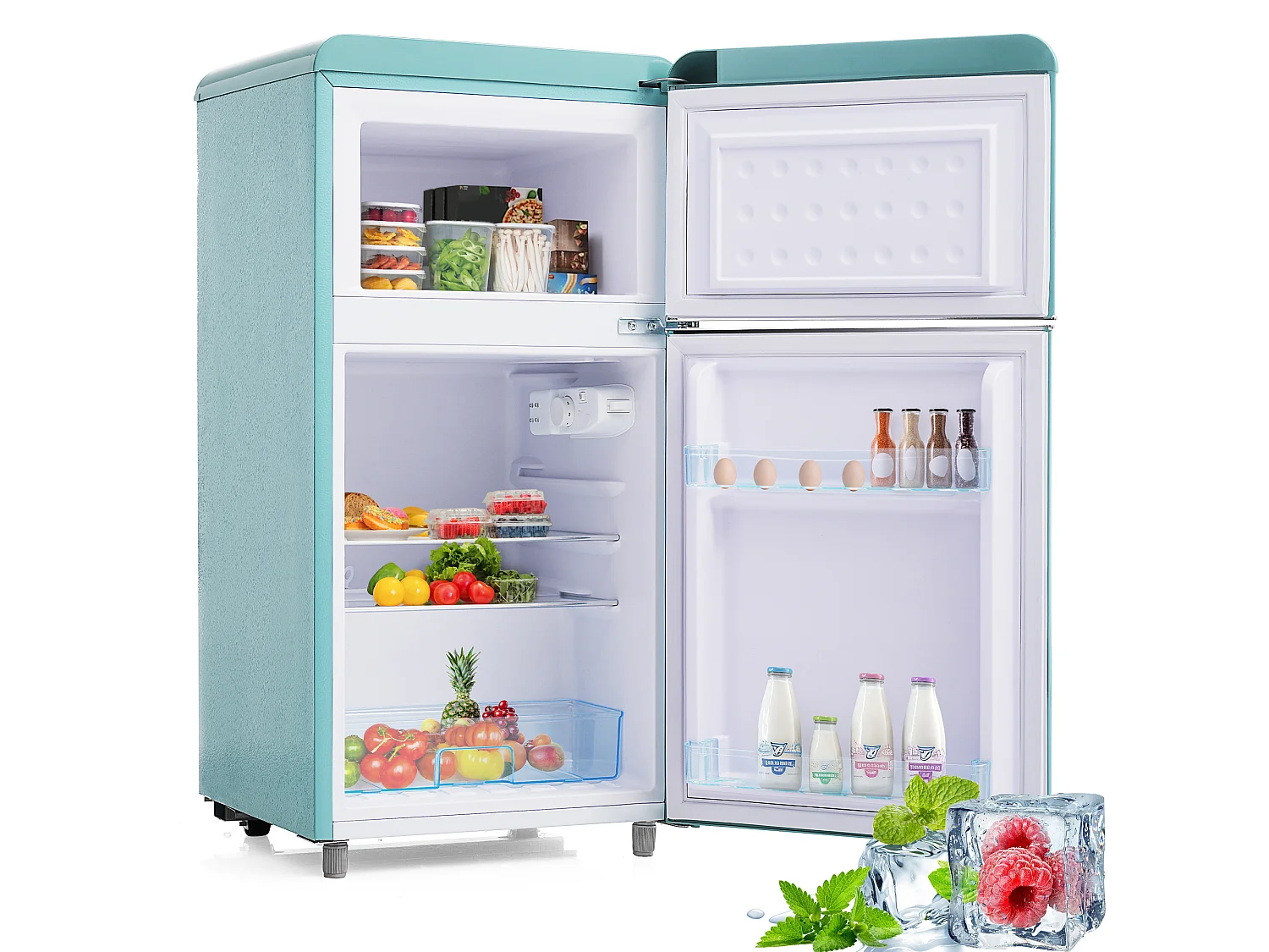 Mini Réfrigérateur Retro - 72L Total, 21L Congélateur, 51L Réfrigérateur - Énergie Classe E - avec LED - Turquoise