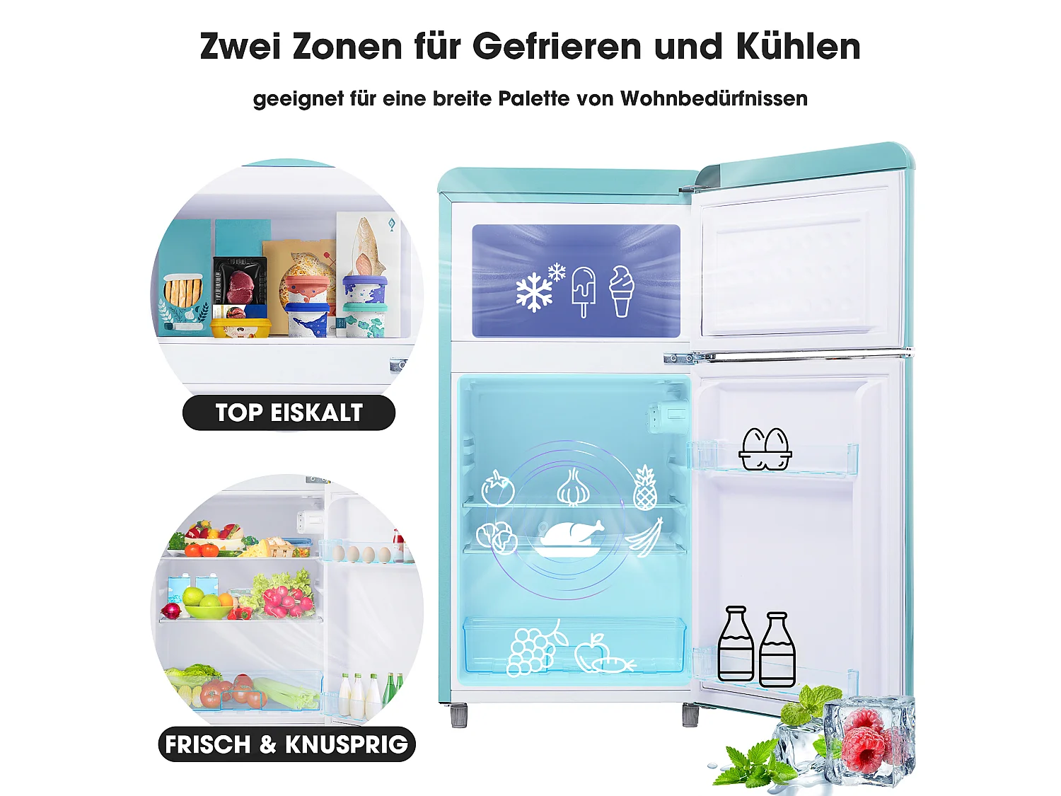 Mini Réfrigérateur Retro - 72L Total, 21L Congélateur, 51L Réfrigérateur - Énergie Classe E - avec LED - Turquoise