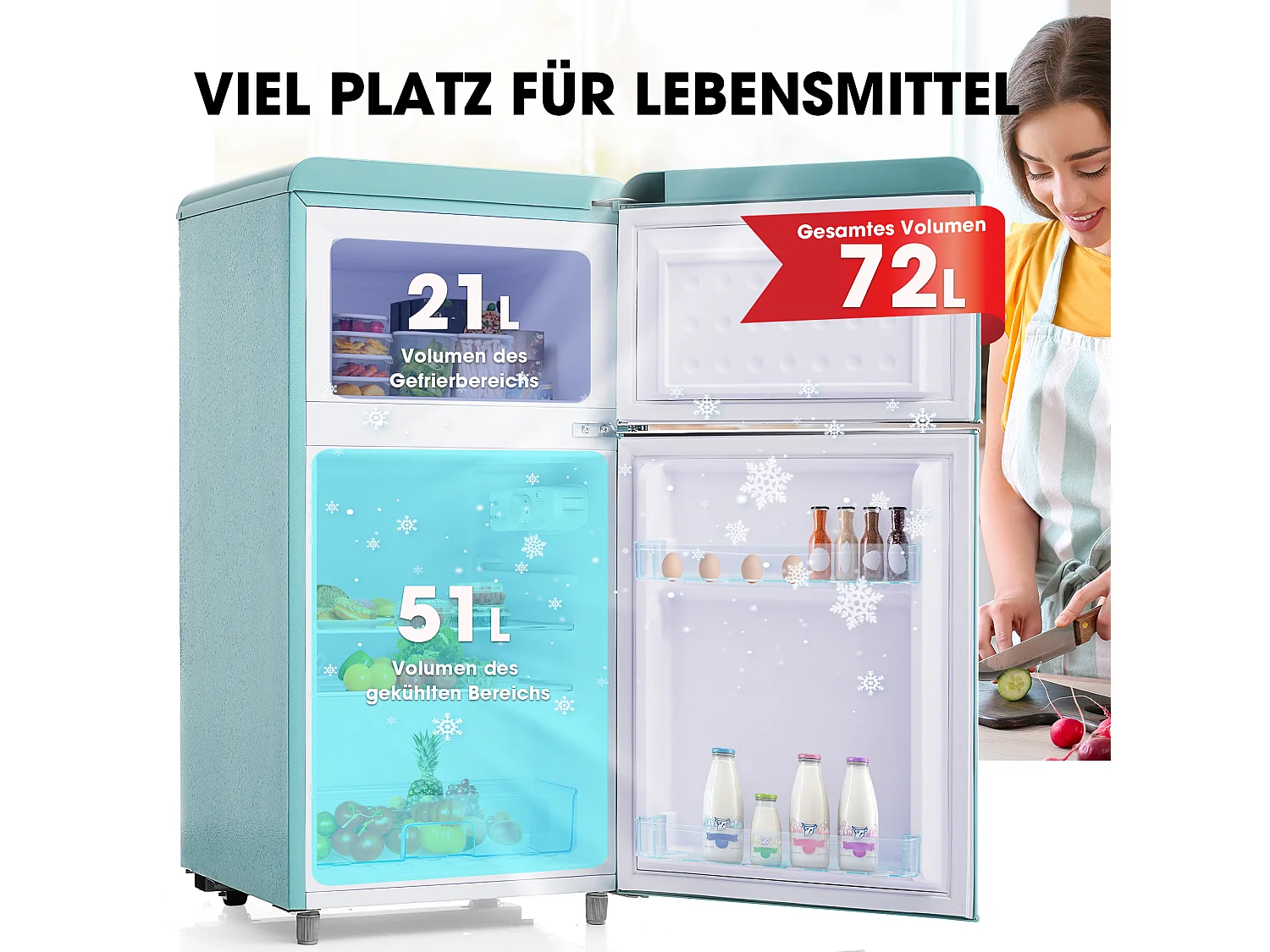 Mini Réfrigérateur Retro - 72L Total, 21L Congélateur, 51L Réfrigérateur - Énergie Classe E - avec LED - Turquoise