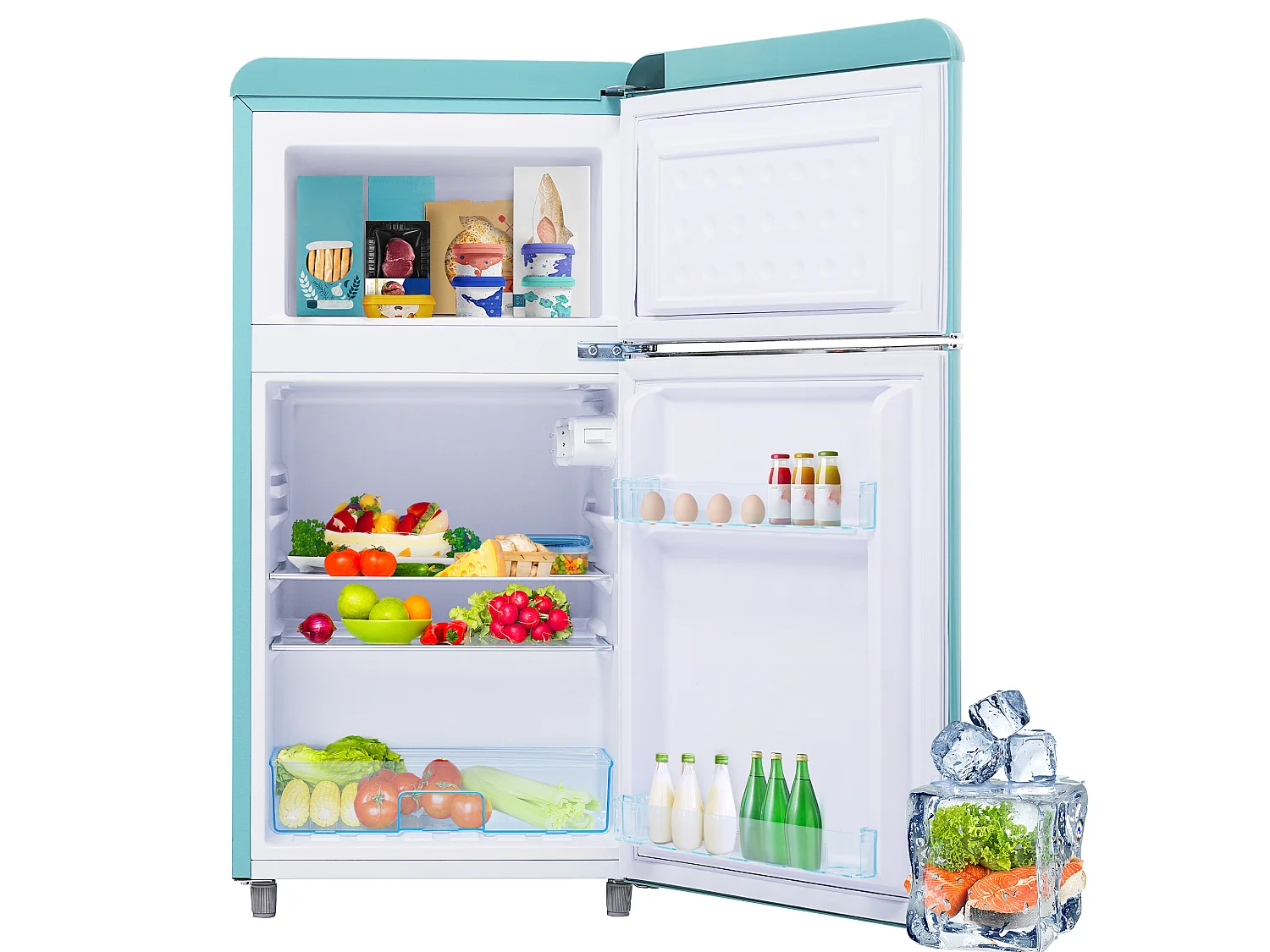 Mini Réfrigérateur Retro - 72L Total, 21L Congélateur, 51L Réfrigérateur - Énergie Classe E - avec LED - Turquoise