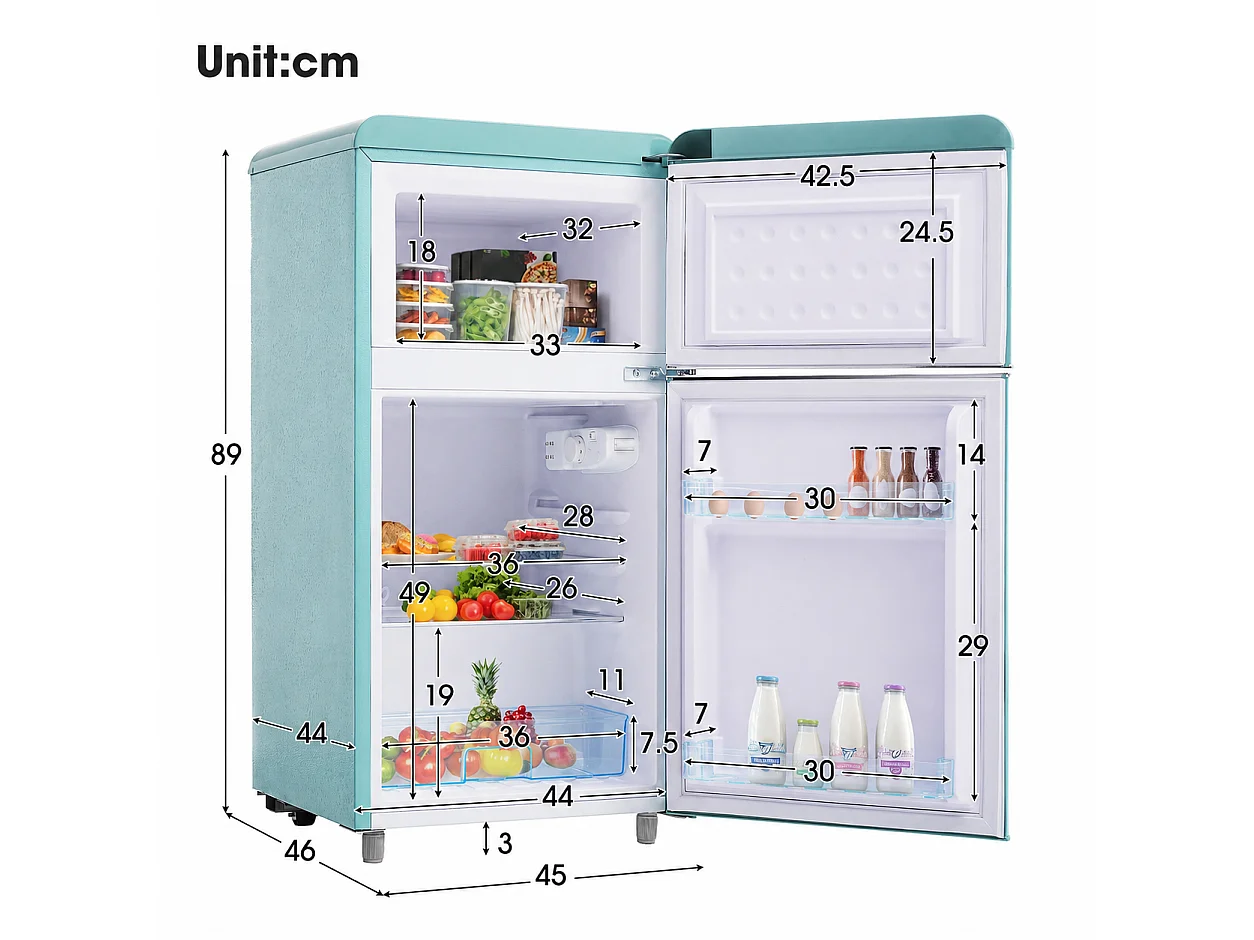 Mini Réfrigérateur Retro - 72L Total, 21L Congélateur, 51L Réfrigérateur - Énergie Classe E - avec LED - Turquoise