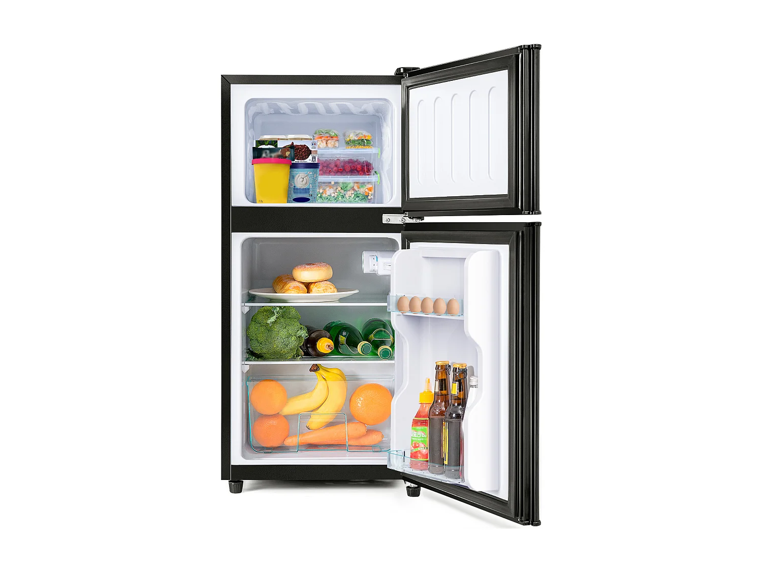Mini Retro Koelkast - 60L Totaal, 22L Vriezer, 38L Koelkast - Energieklasse E - met LED - Zwart
