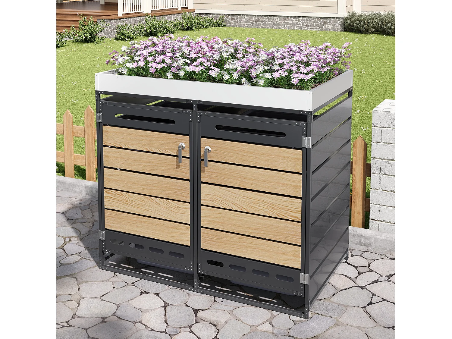 Berging voor 2 afvalcontainers 131x79x120 cm - met geïntegreerde plantenbak - met ventilatieopeningen en slot - zwart