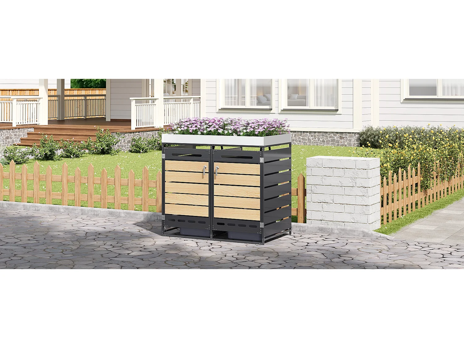 Berging voor 2 afvalcontainers 131x79x120 cm - met geïntegreerde plantenbak - met ventilatieopeningen en slot - zwart