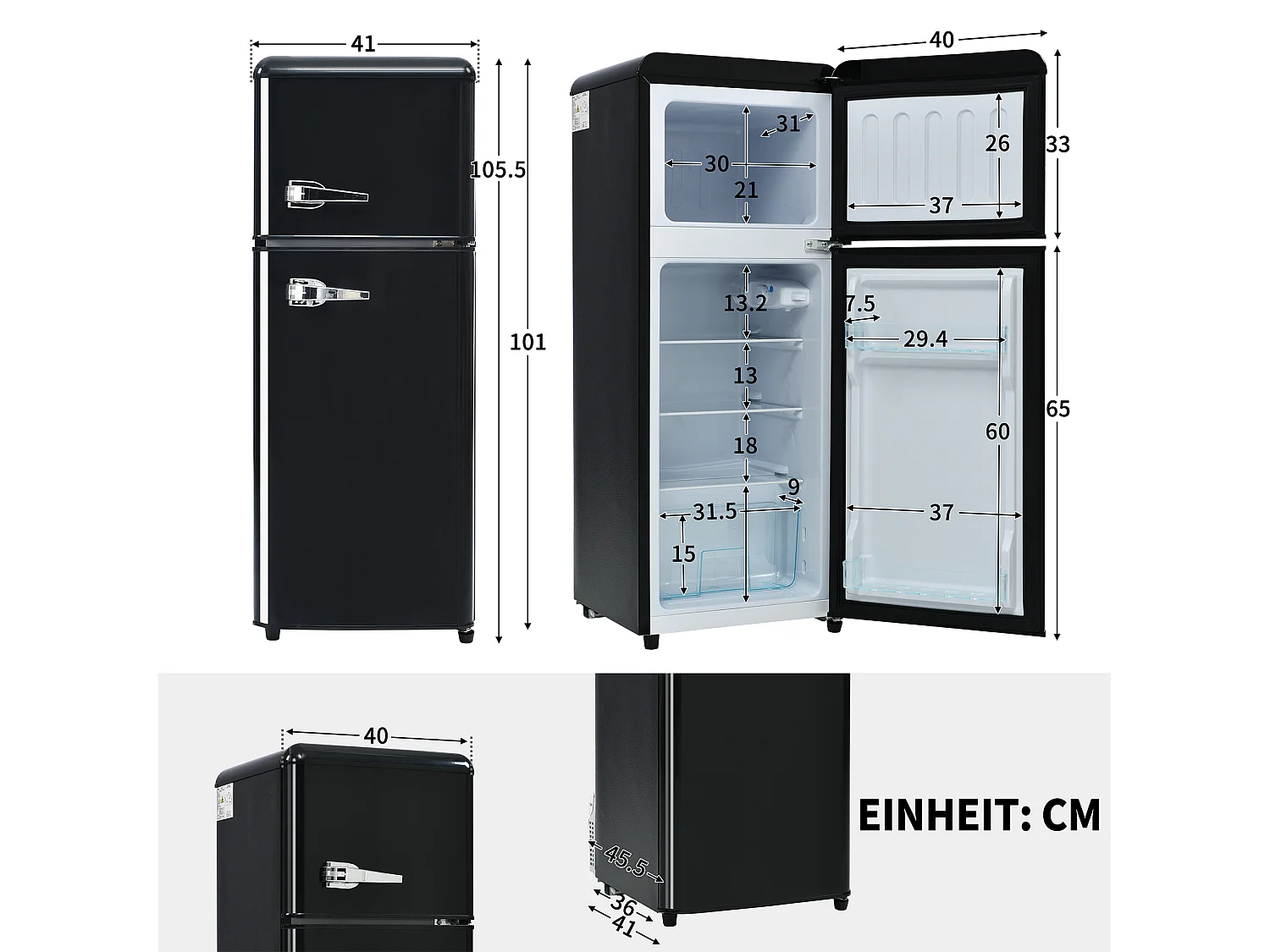 Mini Kühlschrank Retro - 92L Gesamt, 28L Gefrierfach, 64L Kühlschrank - Energieklasse D - mit LED - Schwarz