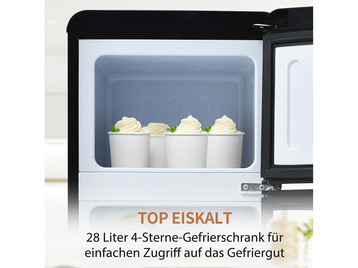 Mini Kühlschrank Retro - 92L Gesamt, 28L Gefrierfach, 64L Kühlschrank - Energieklasse D - mit LED - Schwarz