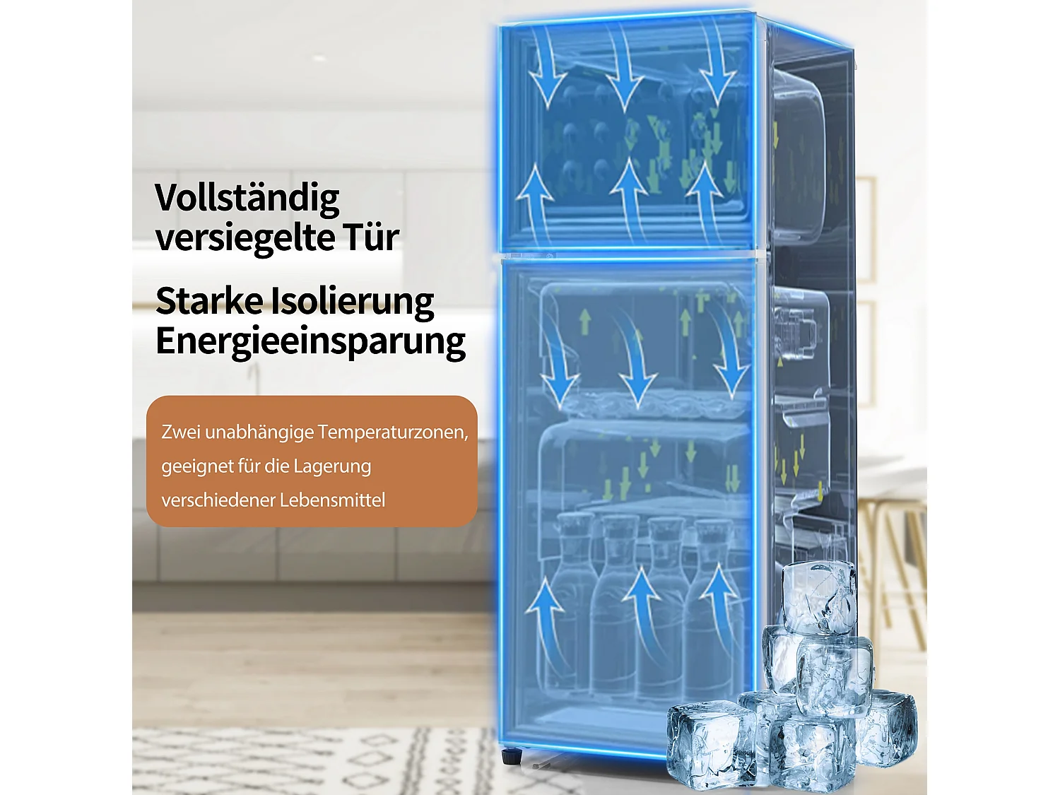 Mini Kühlschrank Retro - 92L Gesamt, 28L Gefrierfach, 64L Kühlschrank - Energieklasse D - mit LED - Schwarz