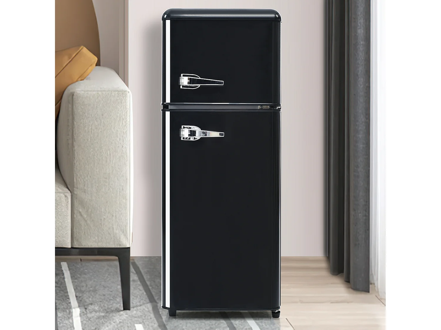 Mini Kühlschrank Retro - 92L Gesamt, 28L Gefrierfach, 64L Kühlschrank - Energieklasse D - mit LED - Schwarz