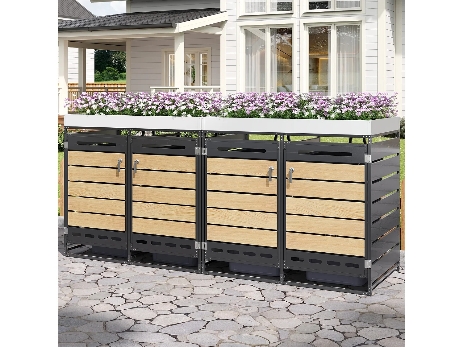 Berging voor 4 afvalcontainers 262x79x120 cm - met geïntegreerde plantenbak - met ventilatieopeningen en slot - zwart