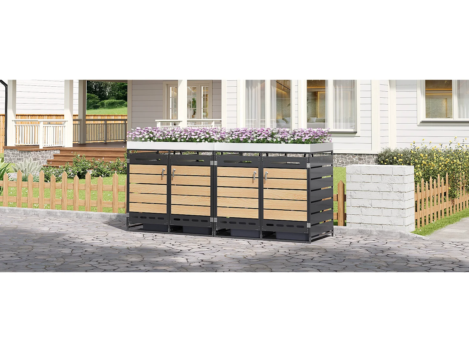 Berging voor 4 afvalcontainers 262x79x120 cm - met geïntegreerde plantenbak - met ventilatieopeningen en slot - zwart