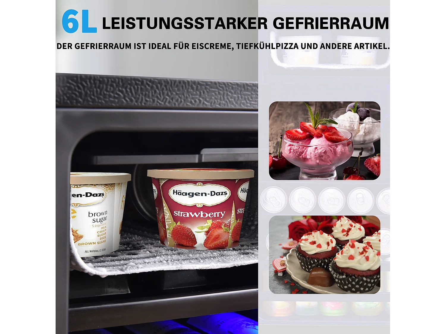 Mini-Kühlschrank - 6 L Gefrierfach + 70 L Kühlfach - energiesparend - LED-Anzeige - Schwarz