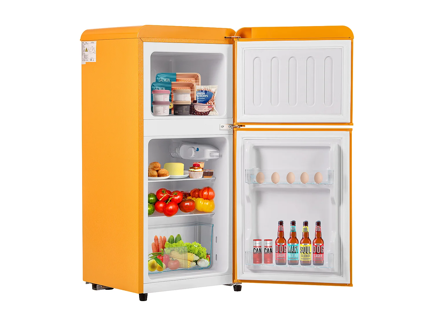 Mini Réfrigérateur Retro - 60L Total, 22L Congélateur, 38L Réfrigérateur - Énergie Classe E - avec LED - Jaune rétro