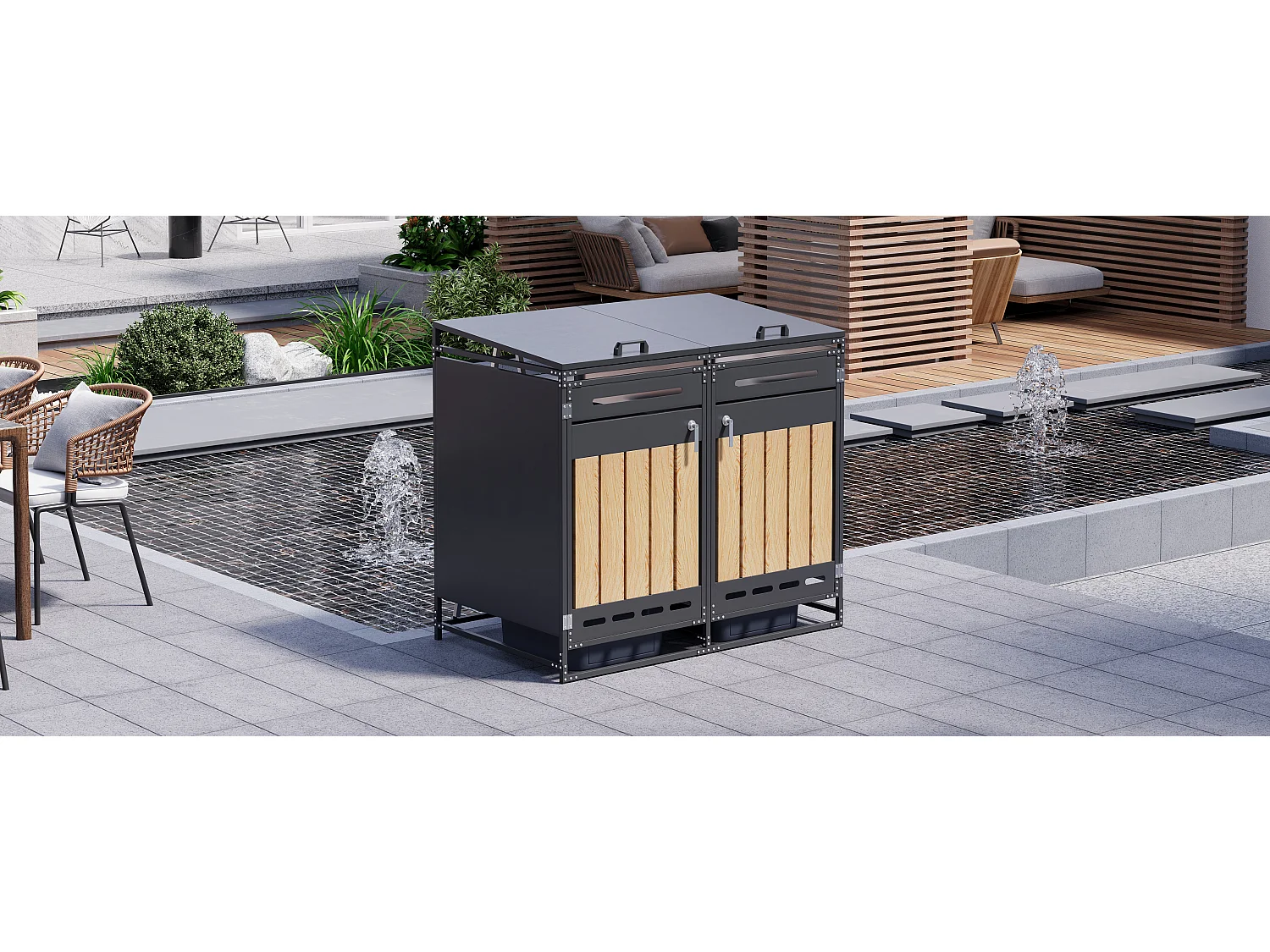Berging voor 2 afvalcontainers 131x79x116 cm - met hydraulisch deksel - met ventilatieopeningen en slot - zwart