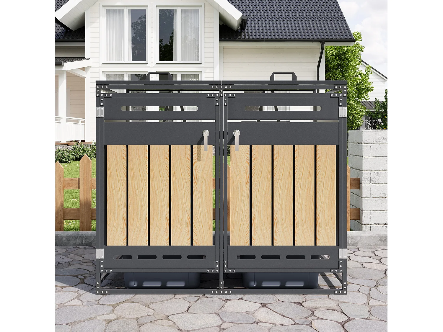 Berging voor 2 afvalcontainers 131x79x116 cm - met hydraulisch deksel - met ventilatieopeningen en slot - zwart