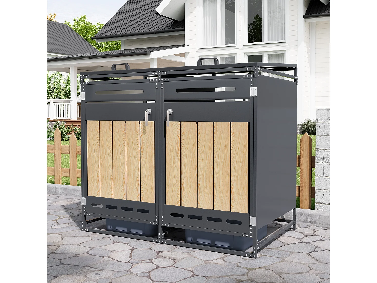Berging voor 2 afvalcontainers 131x79x116 cm - met hydraulisch deksel - met ventilatieopeningen en slot - zwart