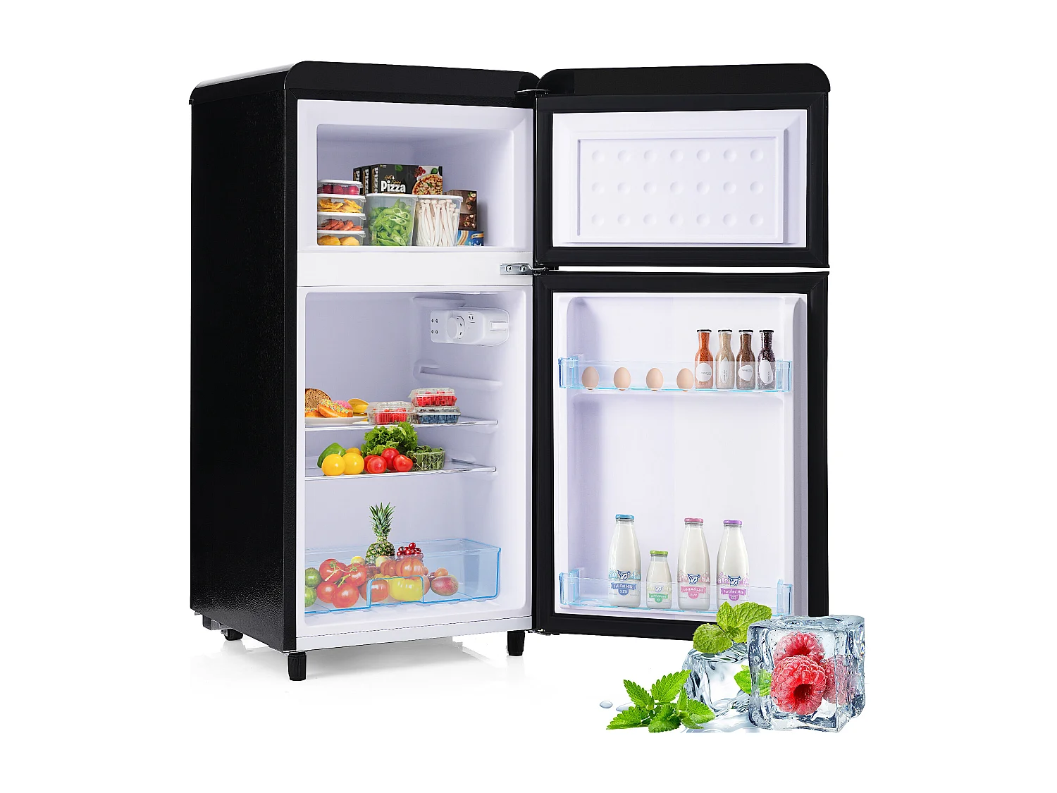 Retro mini koelkast - 72L totaal, 21L vriezer, 51L koelkast - energieklasse E - met LED - zwart