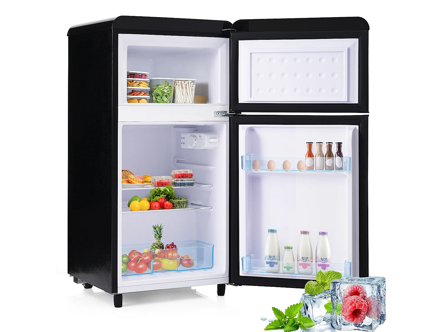 Mini Réfrigérateur Retro - 72L Total, 21L Congélateur, 51L Réfrigérateur - Énergie Classe E - avec LED - noir