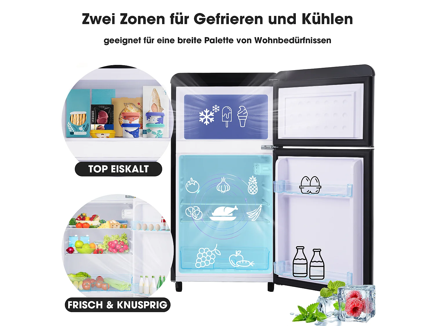 Mini Réfrigérateur Retro - 72L Total, 21L Congélateur, 51L Réfrigérateur - Énergie Classe E - avec LED - noir