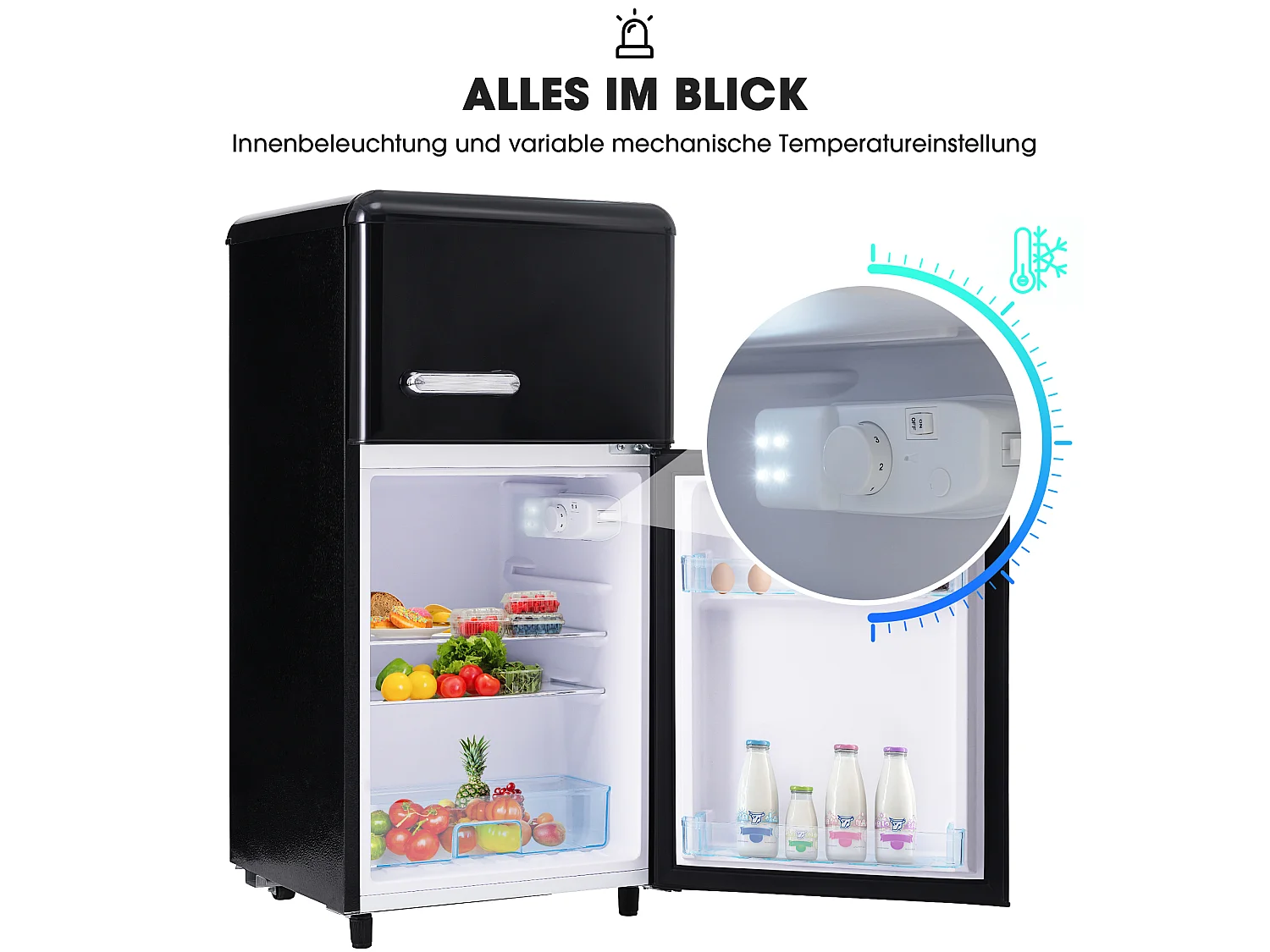 Mini Réfrigérateur Retro - 72L Total, 21L Congélateur, 51L Réfrigérateur - Énergie Classe E - avec LED - noir