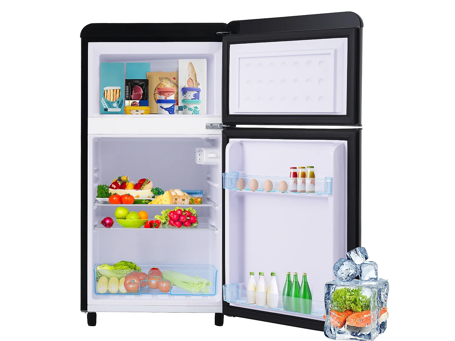 Mini Réfrigérateur Retro - 72L Total, 21L Congélateur, 51L Réfrigérateur - Énergie Classe E - avec LED - noir