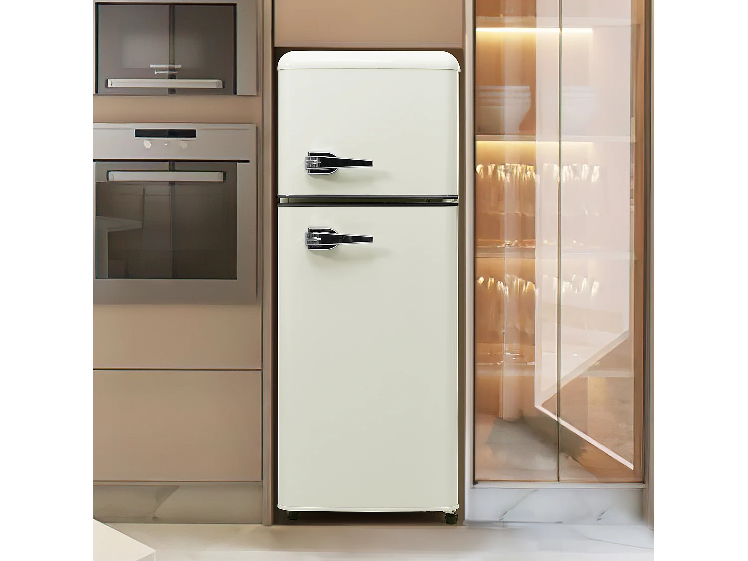 Mini Kühlschrank Retro - 92L Gesamt, 28L Gefrierfach, 64L Kühlschrank - Energieklasse D - mit LED - Retro Weiß